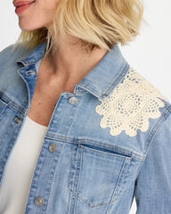 Chico's | Embroidered Frayed Denim Trucker Jacket