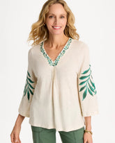 Chico's | Linen Palm Embroidered Pleated Tee