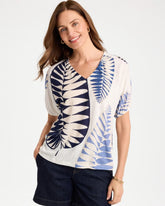 Chico's | Leaf Print Linen Ruched V-Neck Tee
