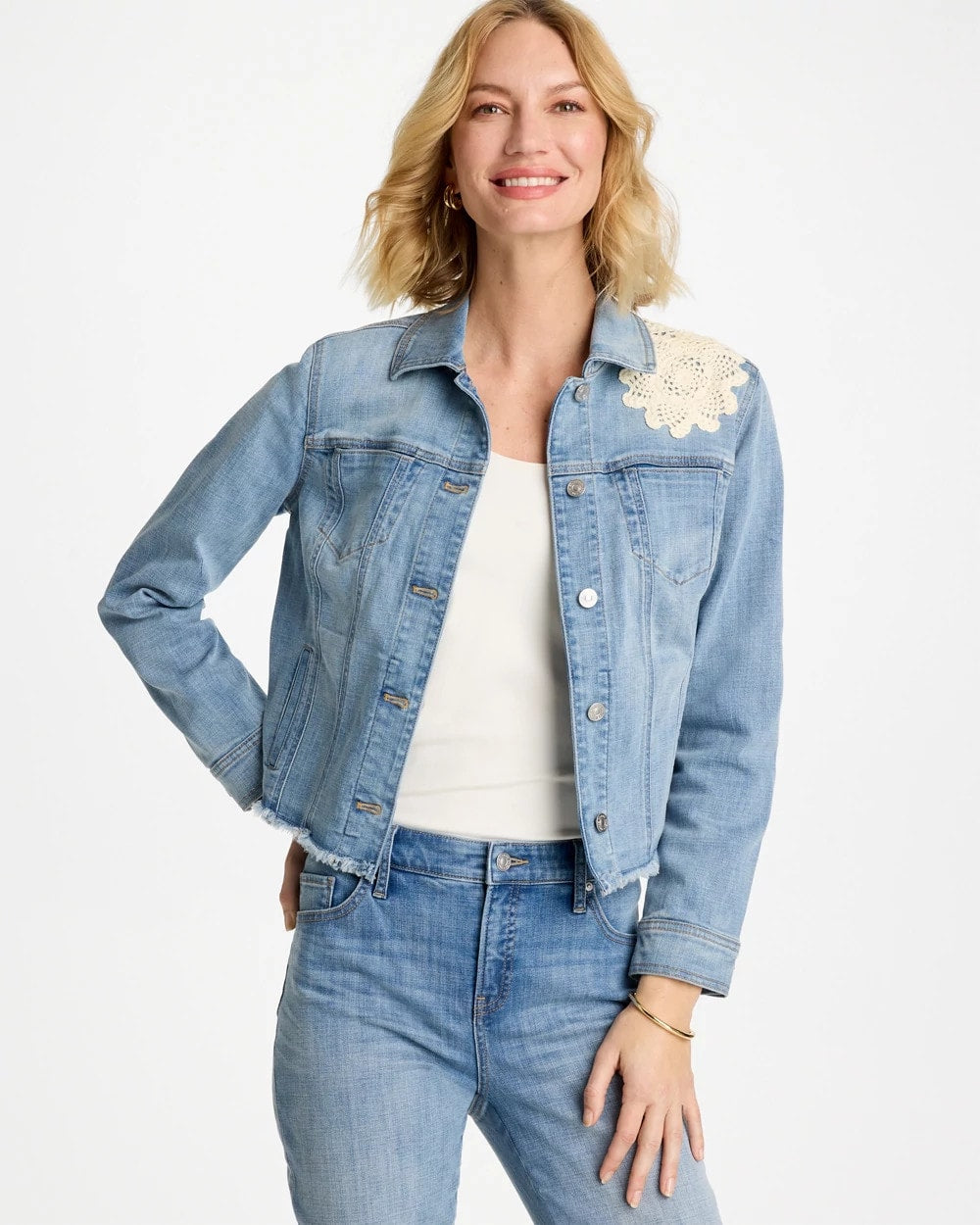 Chico's | Embroidered Frayed Denim Trucker Jacket