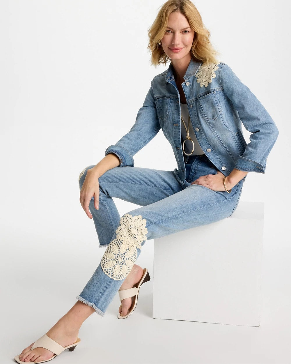 Chico's | Embroidered Frayed Denim Trucker Jacket