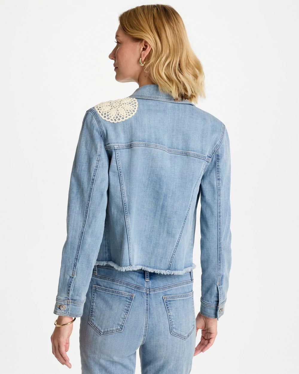 Chico's | Embroidered Frayed Denim Trucker Jacket