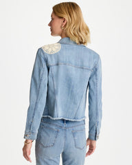 Chico's | Embroidered Frayed Denim Trucker Jacket