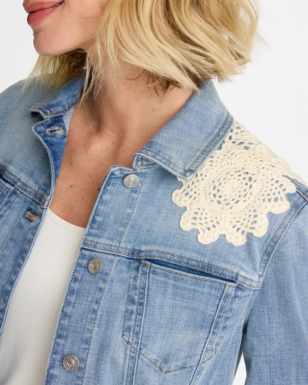 Chico's | Embroidered Frayed Denim Trucker Jacket