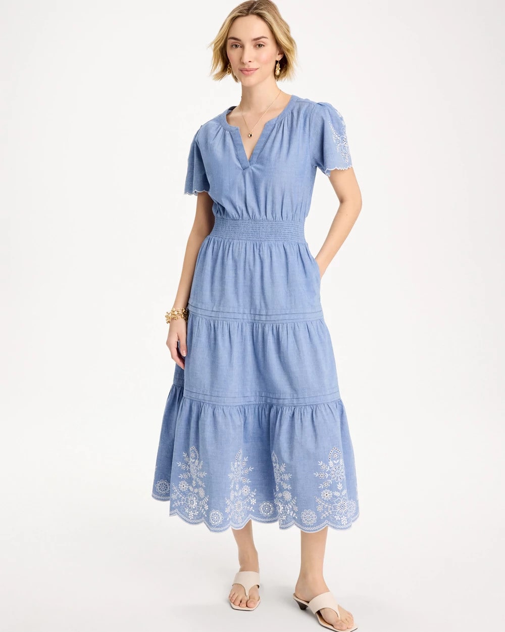 Chico's | Chambray Embroidered Dress