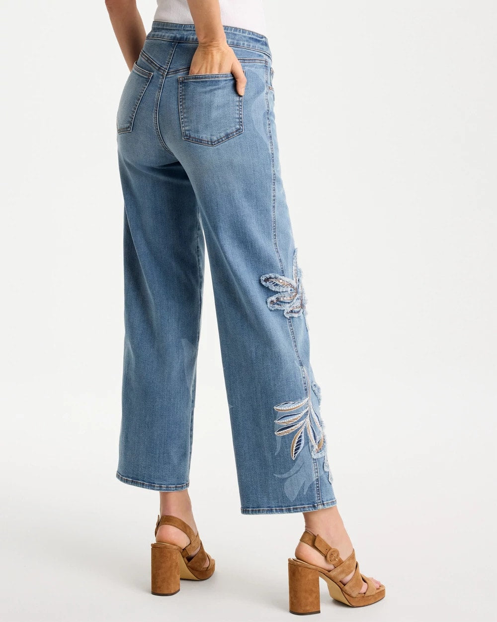 Chico's | Tropical Embroidery Pull-On Wide Crop Jean